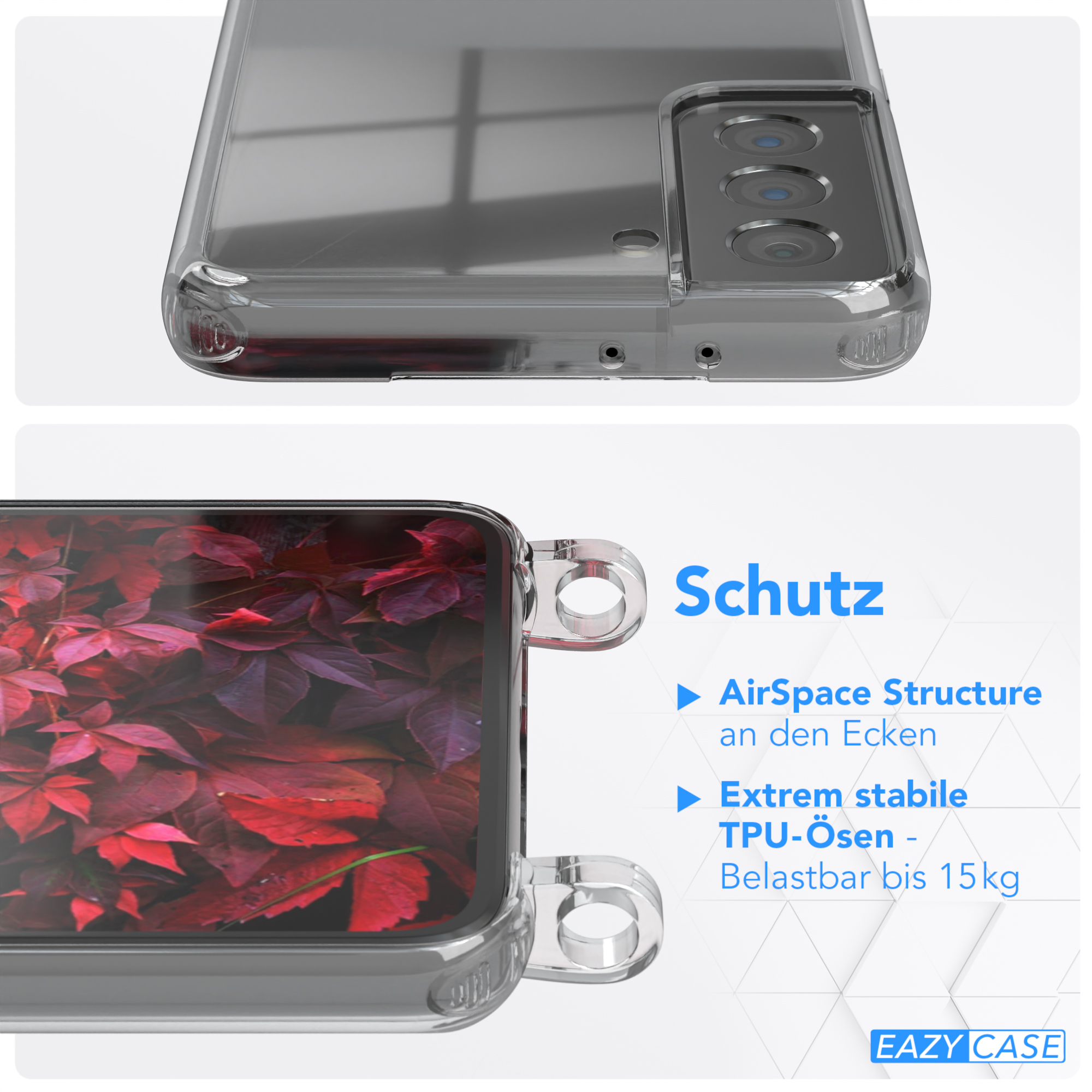 EAZY CASE Transparente Handyhülle Rot mit S21 Karabiner, Galaxy Burgundy + Umhängetasche, Beere 5G, Kordel / Samsung, breiter
