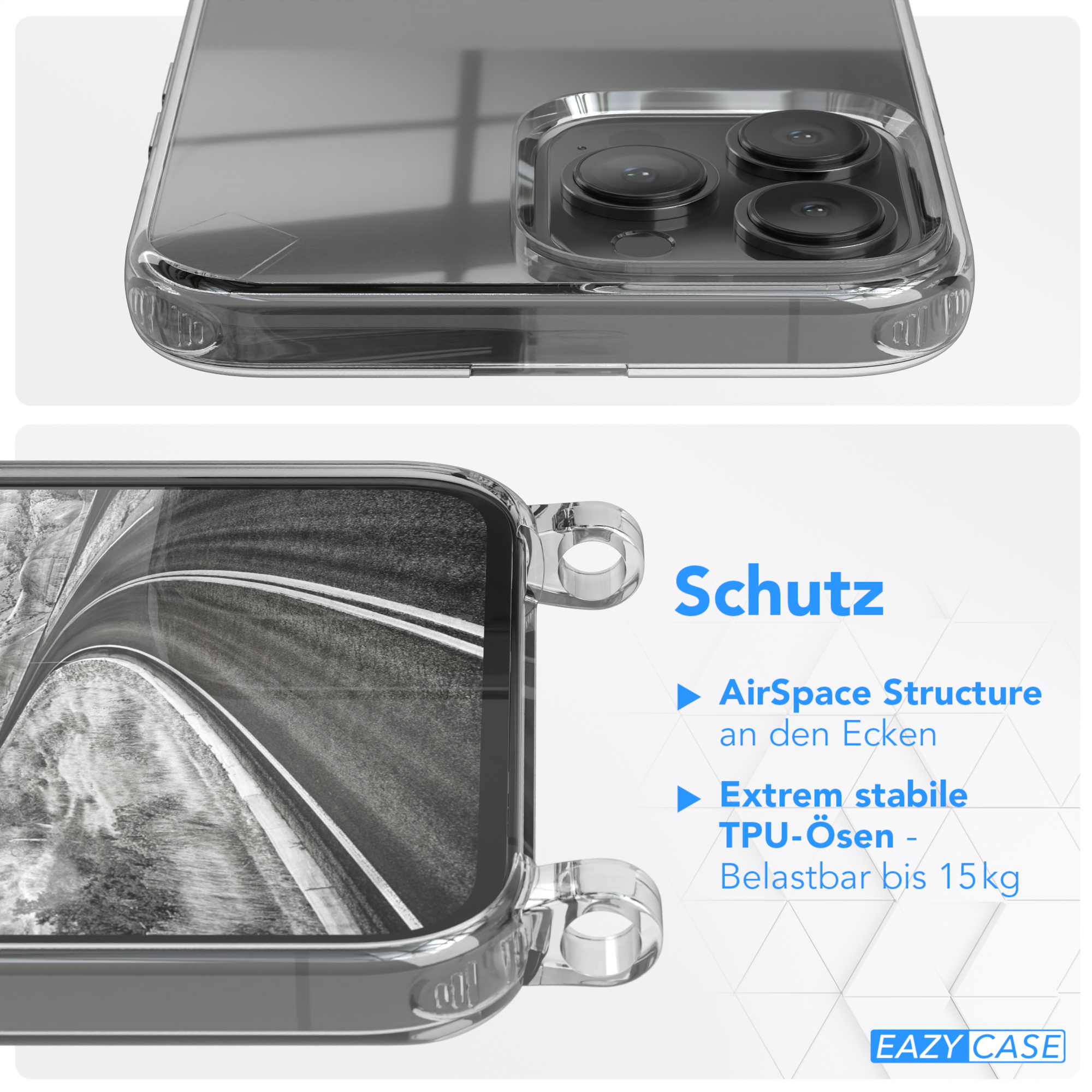 Eine Handyhülle mit Straßengrafik und Text über Schutz und Air-Space-Struktur an den Ecken.