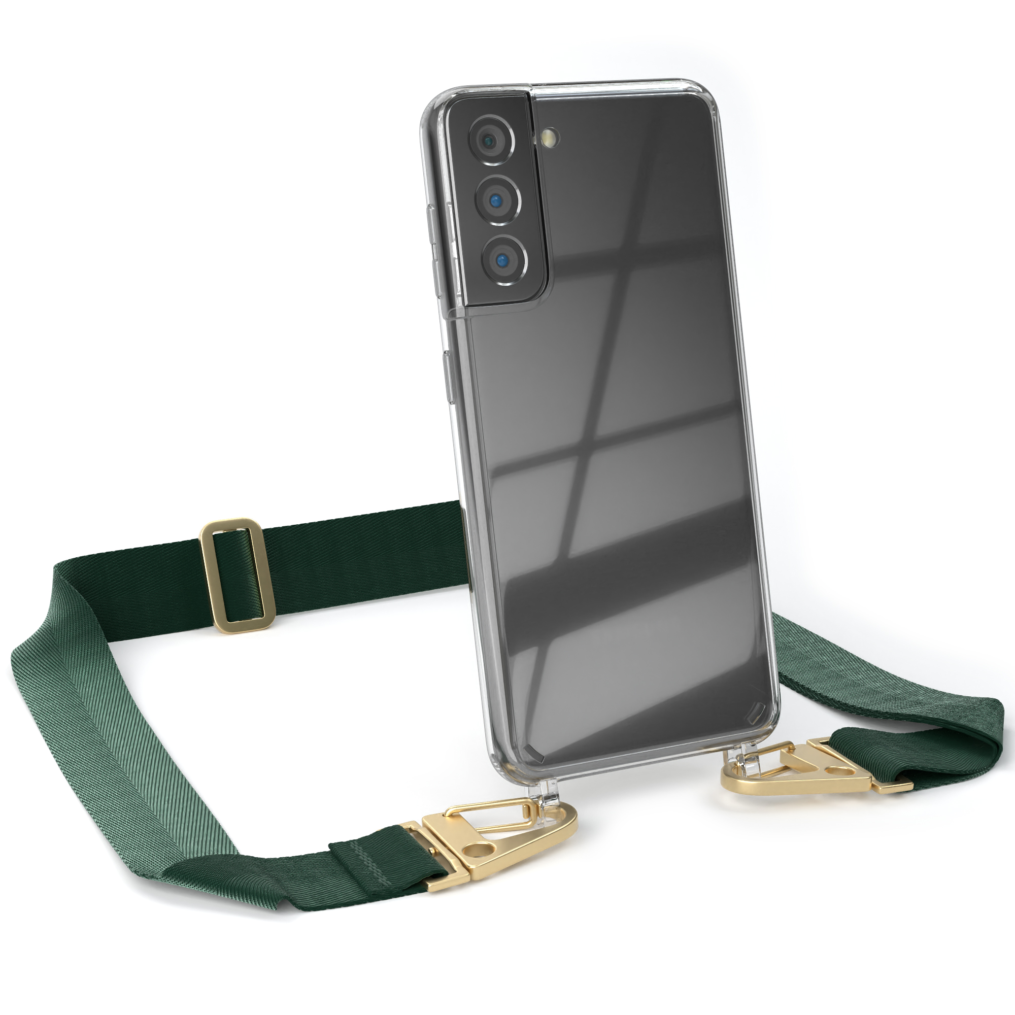 EAZY CASE Transparente Karabiner, breiter + 5G, Grün Handyhülle Galaxy Dunkel mit Gold S21 / Samsung, Kordel Umhängetasche