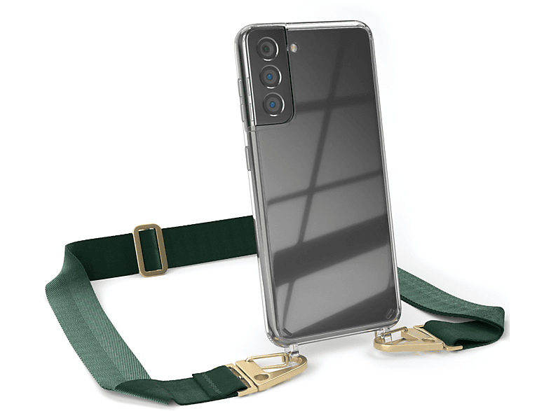 EAZY CASE Transparente Handyhülle mit breiter Kordel + Karabiner, Umhängetasche, Samsung, Galaxy S21 5G, Dunkel Grün / Gold