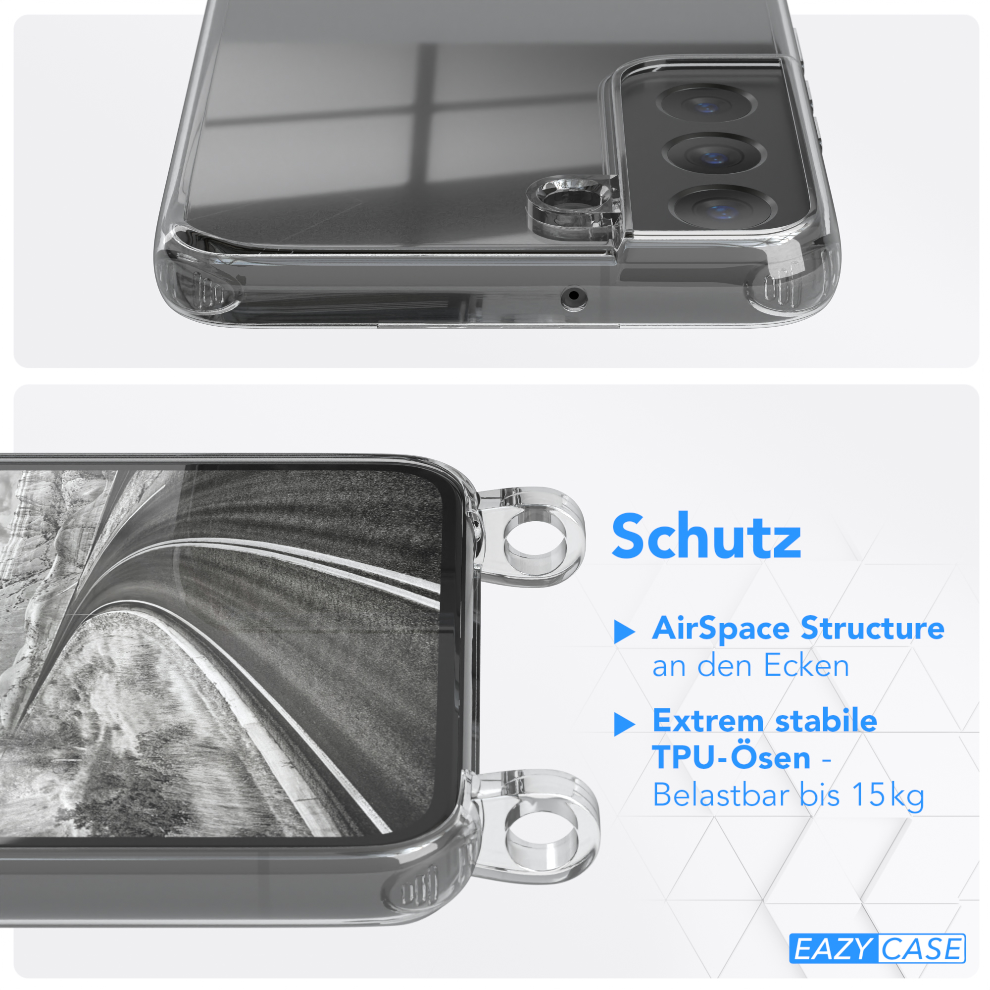 Nahaufnahme einer transparenten Handyhülle, die 'AirSpace Structure' und TPU-Ösen-Schutzdetails zeigt.