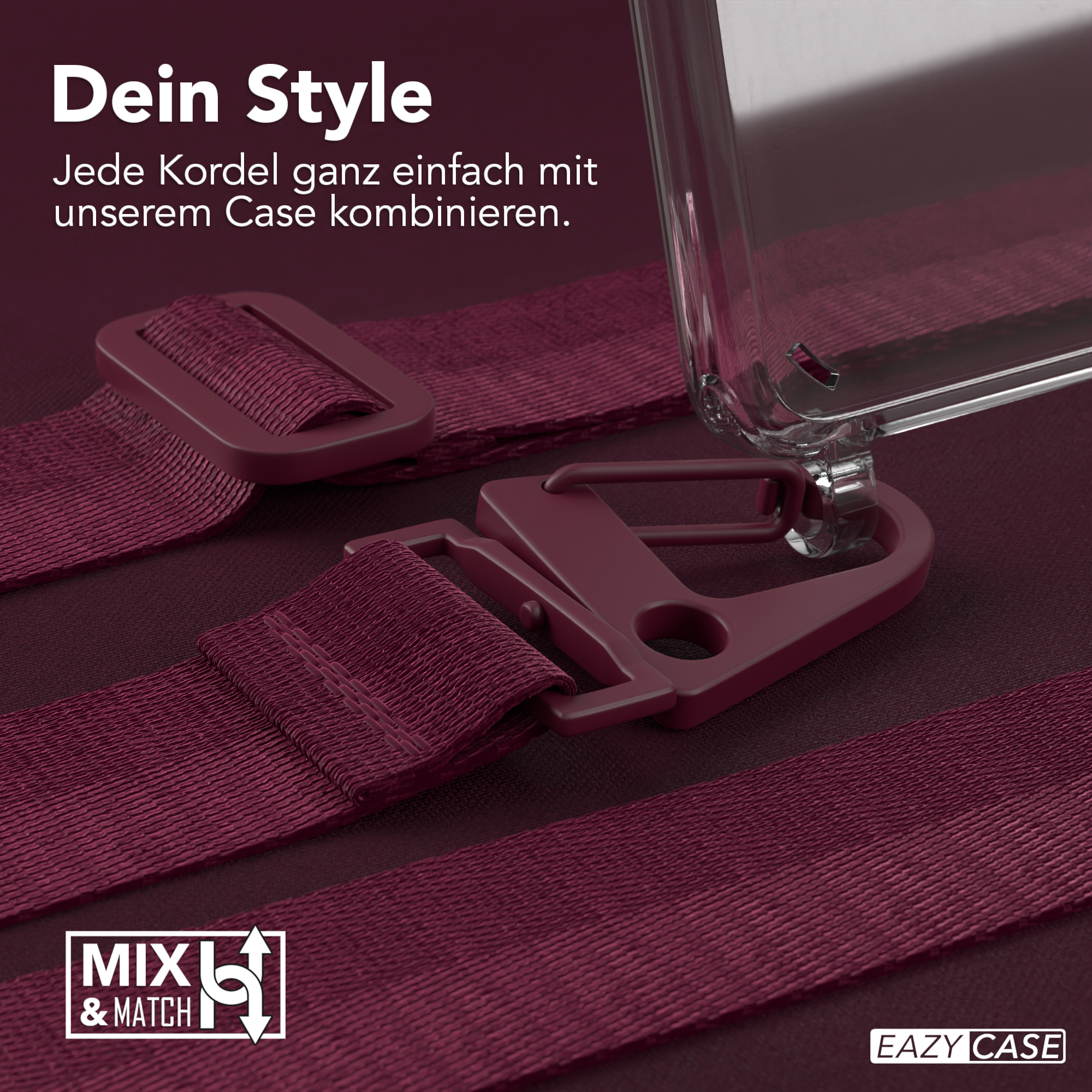 Burgunderfarbener Riemen mit burgunderfarbenem Haken an einer transparenten Handyhülle.