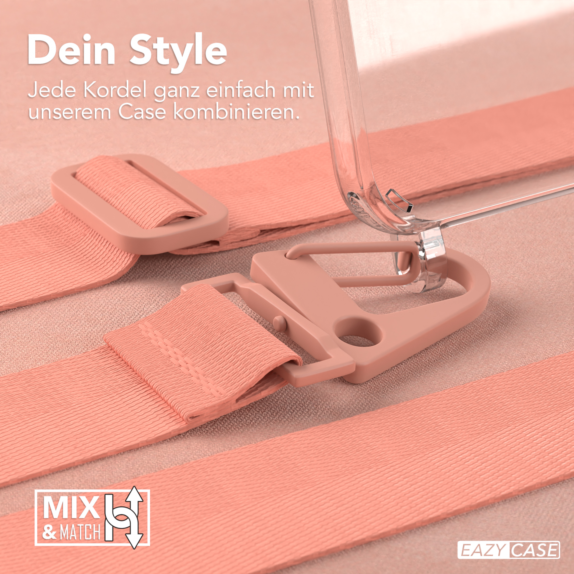 Rosa Riemen und Schnalle mit Handyhülle. Der Text lautet: 'Kombinieren Sie jede Kordel mit unserer Hülle'.