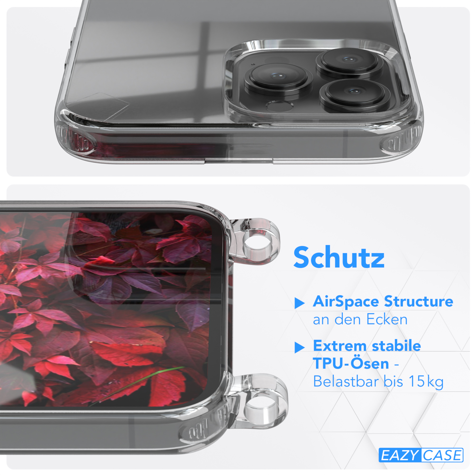 Transparente Handyhülle mit rotem Blätterhintergrund, zeigt Schutzfunktionen.