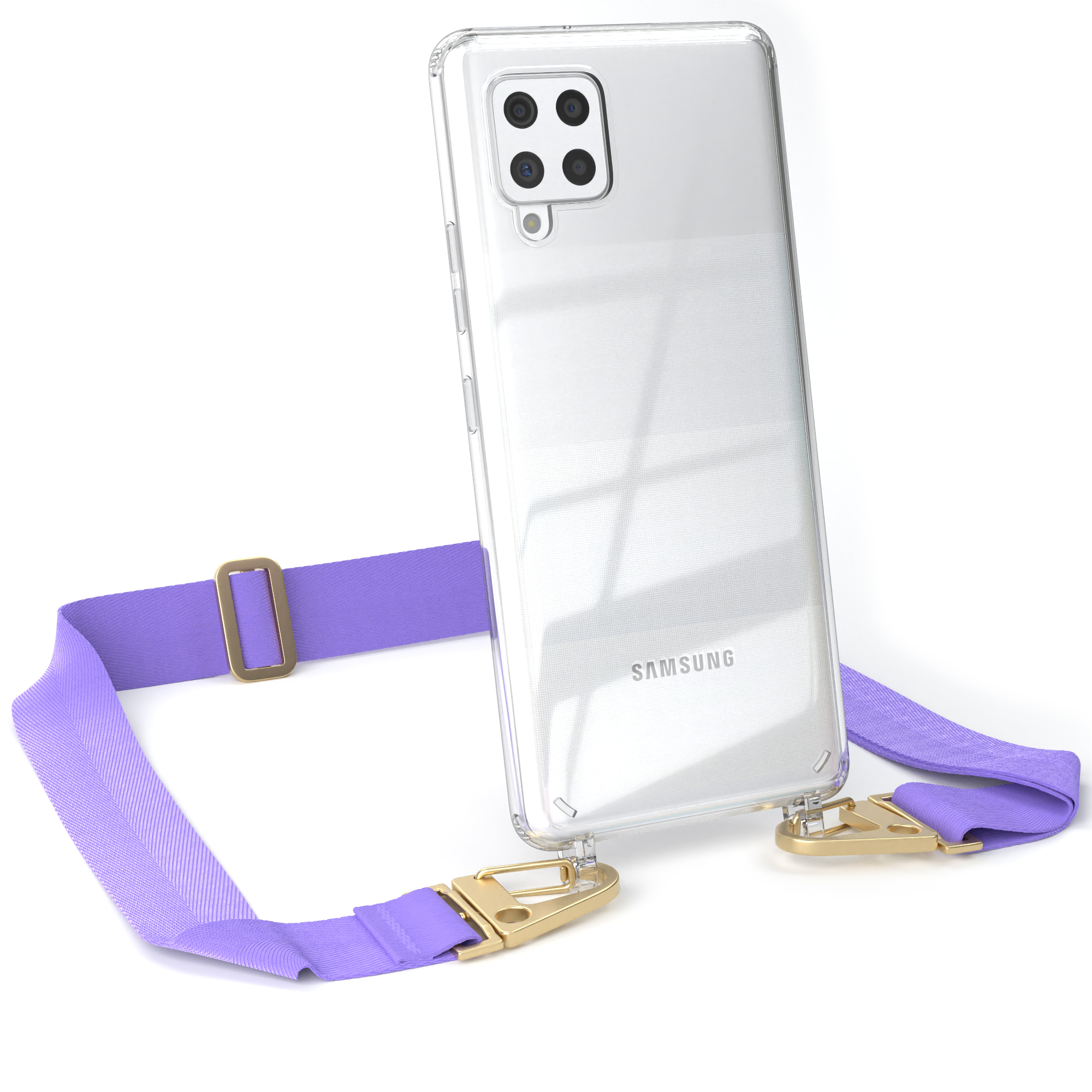 Transparente Handyhülle mit lila Trageriemen. Telefon hat ein Samsung-Logo auf der Rückseite.