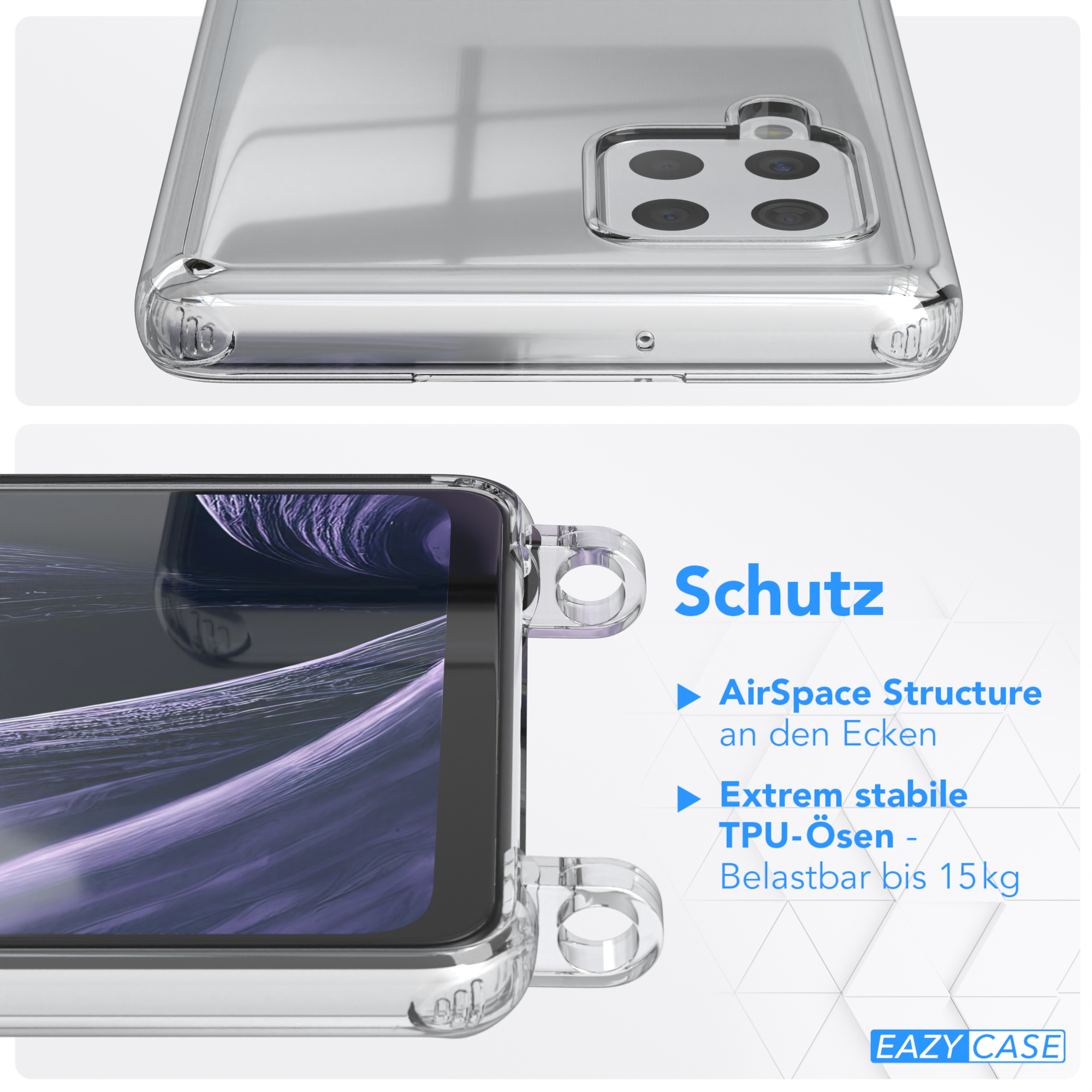 Eine transparente Handyhülle mit einem Protektor oben. Text 'Schutz' und Produktdetails sichtbar.