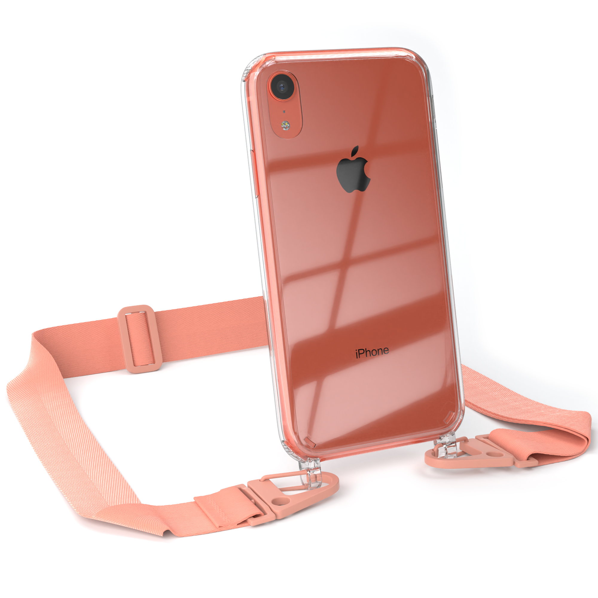Transparente Handyhülle mit Pfirsichfarbenem Riemen, mit Clips, die ein iPhone halten.