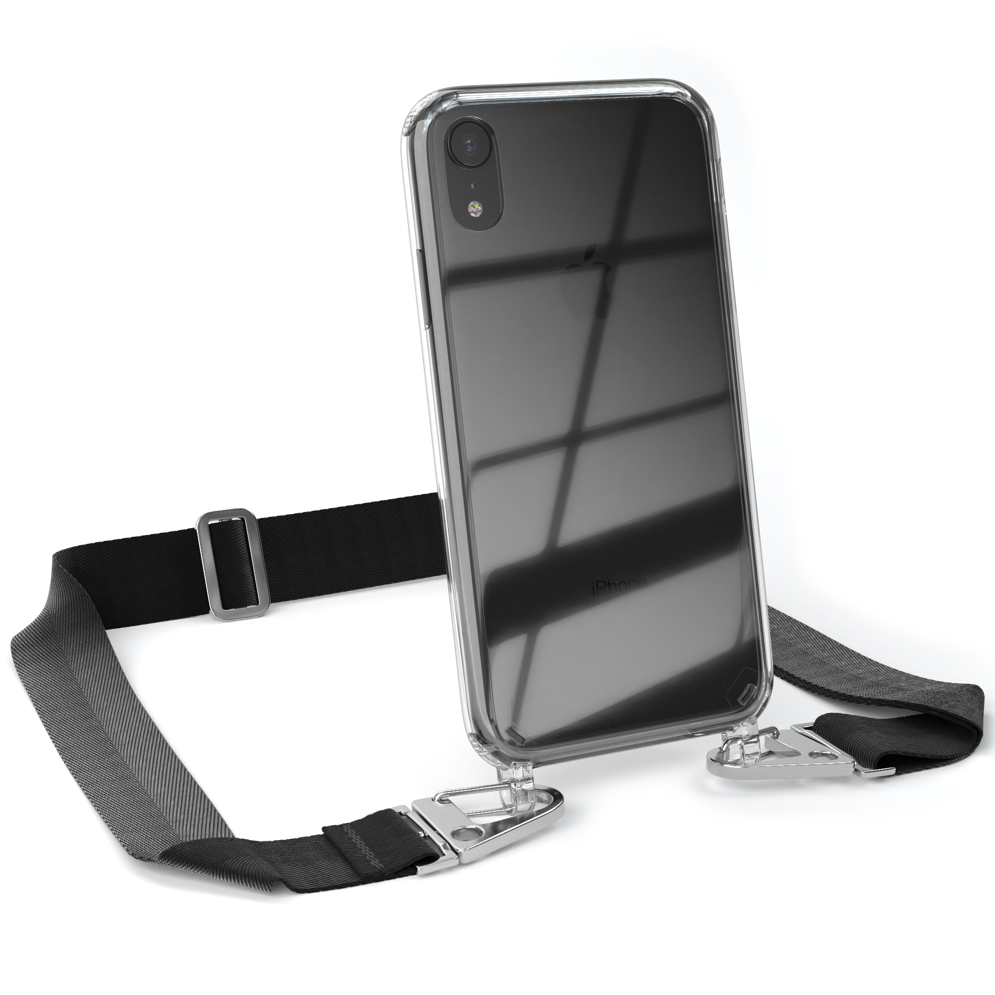 Handyhülle Karabiner, breiter mit XR, Schwarz CASE + / Transparente Kordel iPhone EAZY Umhängetasche, Apple, Silber
