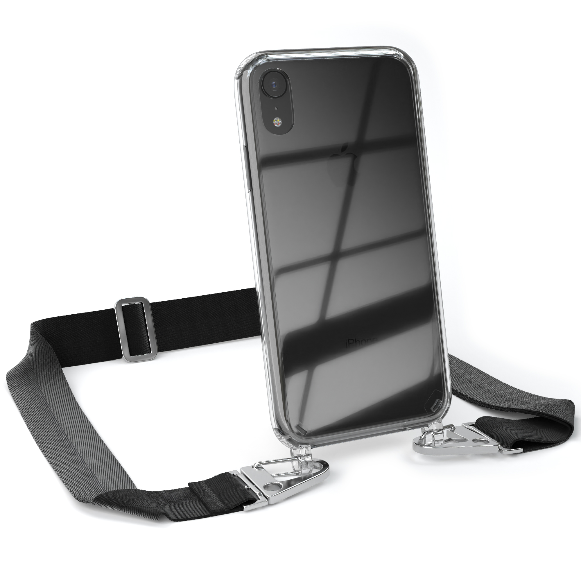 Klares Telefon mit Riemen. Schwarzer Riemen und Clips befestigt. Weißer Hintergrund.