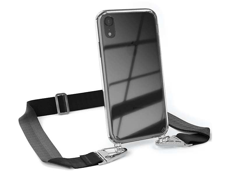 EAZY CASE Transparente Handyhülle mit breiter Kordel + Karabiner, Umhängetasche, Apple, iPhone XR, Schwarz / Silber | Handyketten