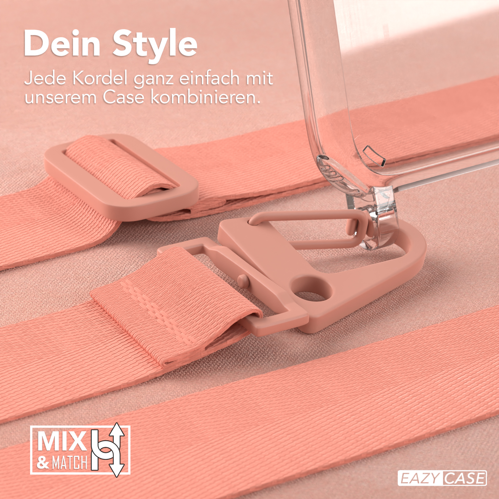 Eine Handyhülle mit Trageriemen, rosa Verschlüssen und einem Mix-and-Match-Logo.
