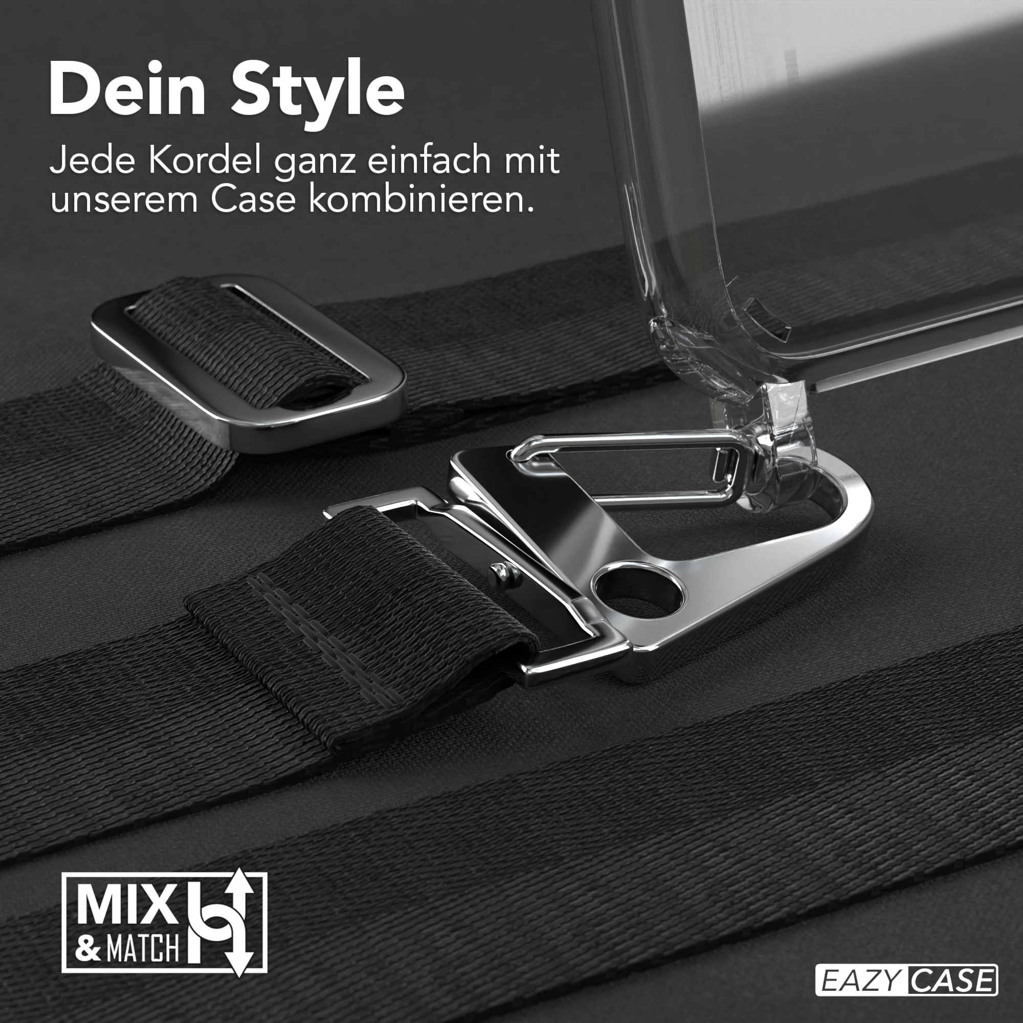 Nahaufnahme einer Handyhülle mit Gurtbefestigungen. Schwarzer Gurt mit Metallverschlüssen. MXL & MATCH Logo.