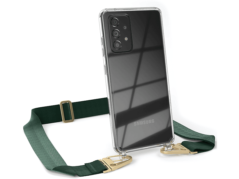 EAZY CASE Transparente Handyhülle mit breiter Kordel + Karabiner, Umhängetasche, Samsung, Galaxy A52 / A52 5G / A52s 5G, Dunkel Grün / Gold