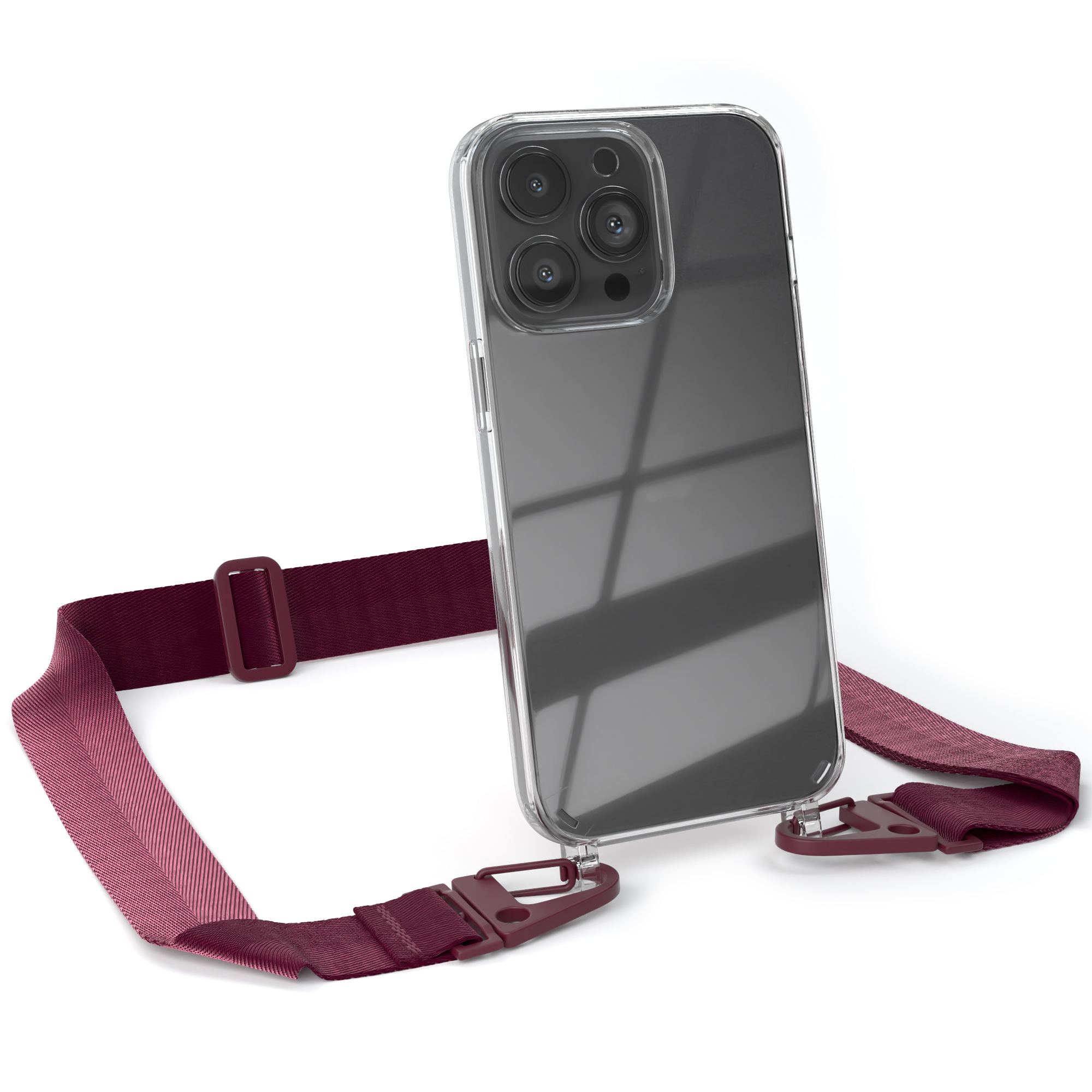 EAZY CASE Transparente Handyhülle mit Beere / breiter 13 + Rot iPhone Pro, Apple, Umhängetasche, Karabiner, Kordel Burgundy