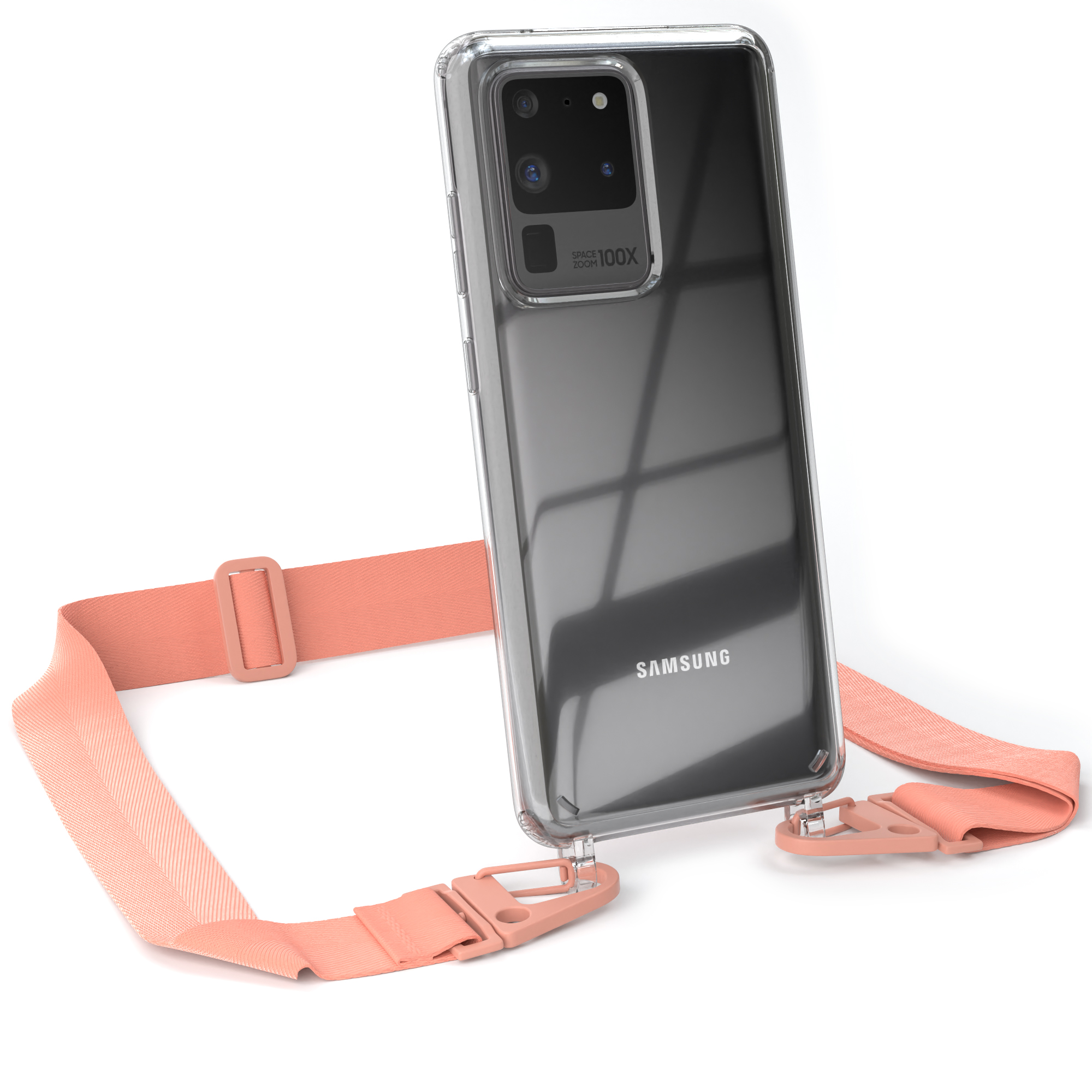 Klares Telefon mit Schlüsselband, hellrosa Riemen und Befestigungen, weißer Hintergrund.