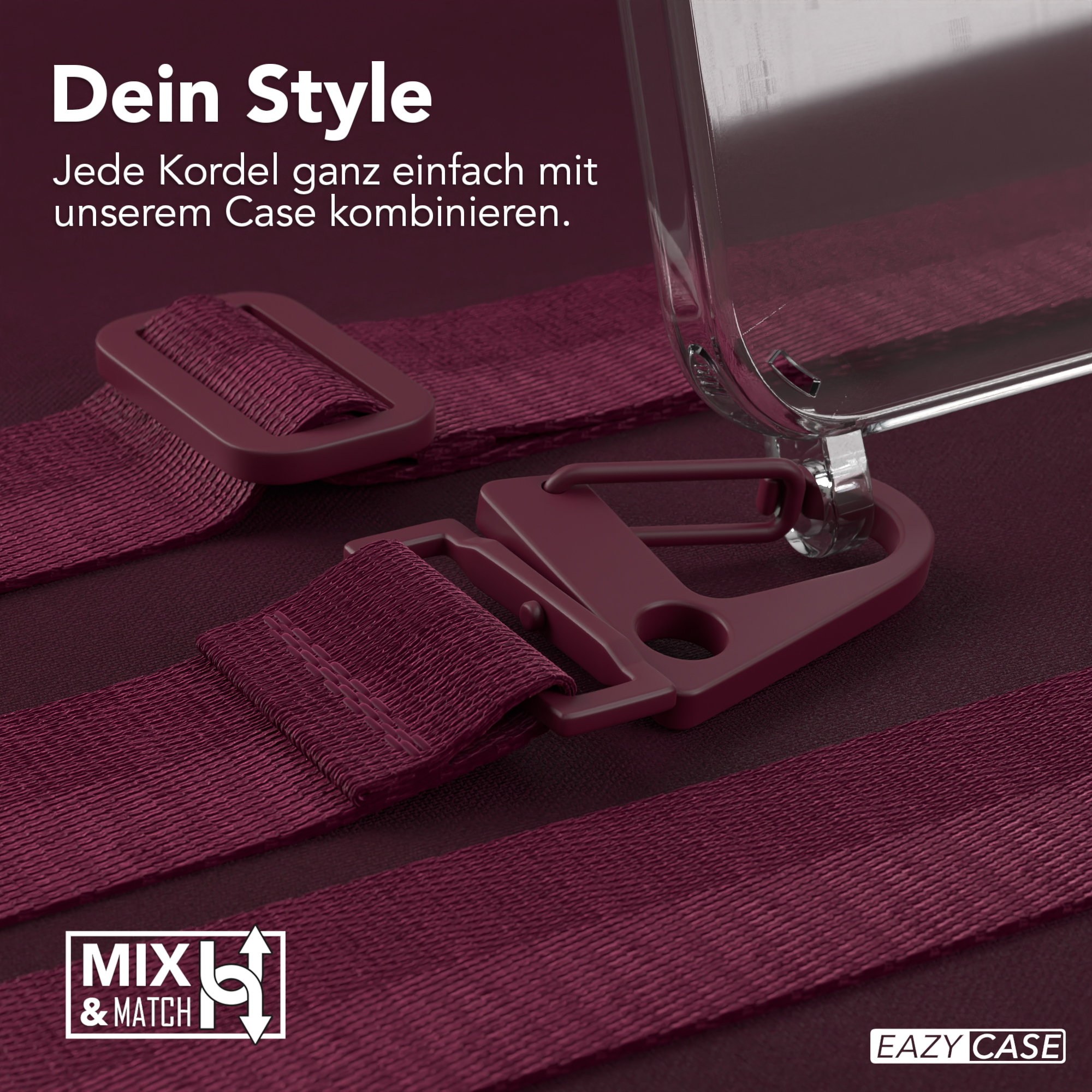 Eine Handyhülle mit Trageriemen, weinroten Verschlüssen und einem Mix-and-Match-Logo.