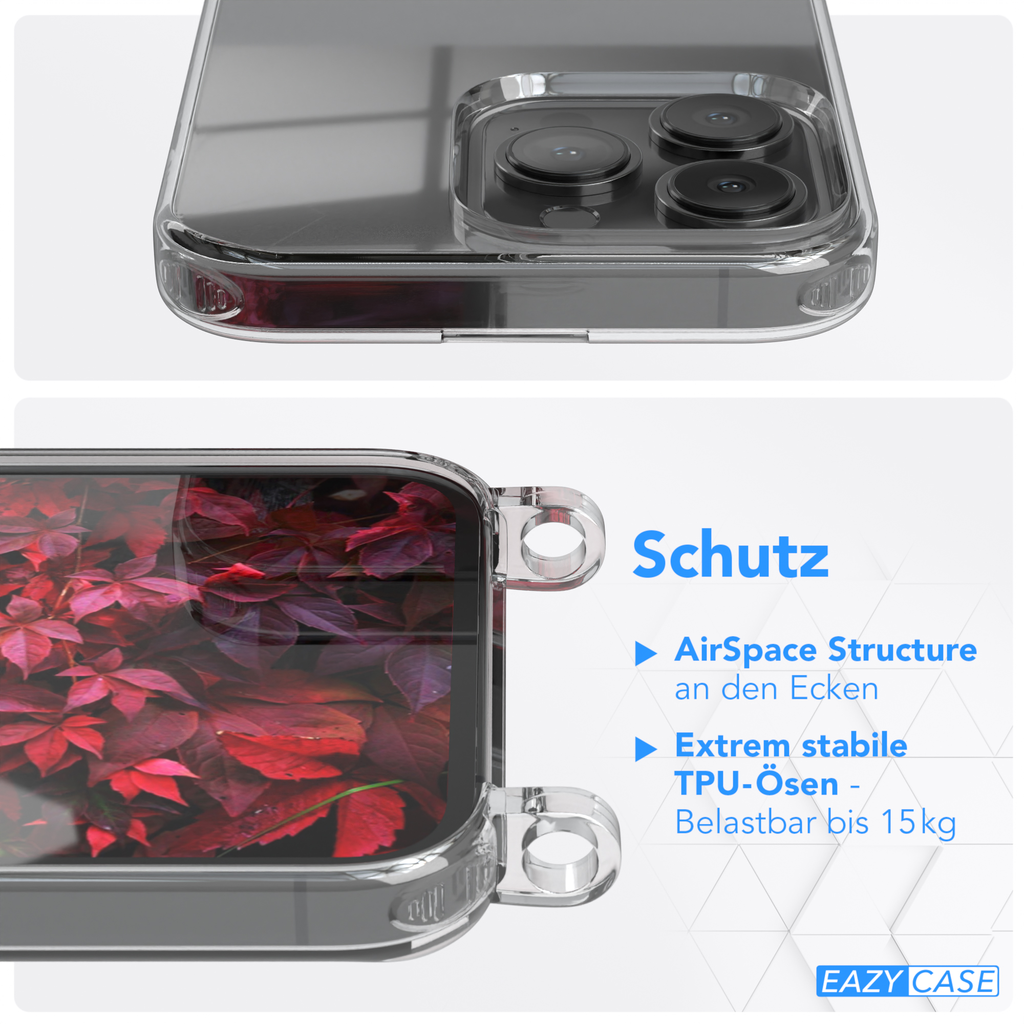 Transparente Handyhülle mit Telefon. Das Telefon hat eine Kamera auf der Rückseite. Schutz mit AirSpace Structure.
