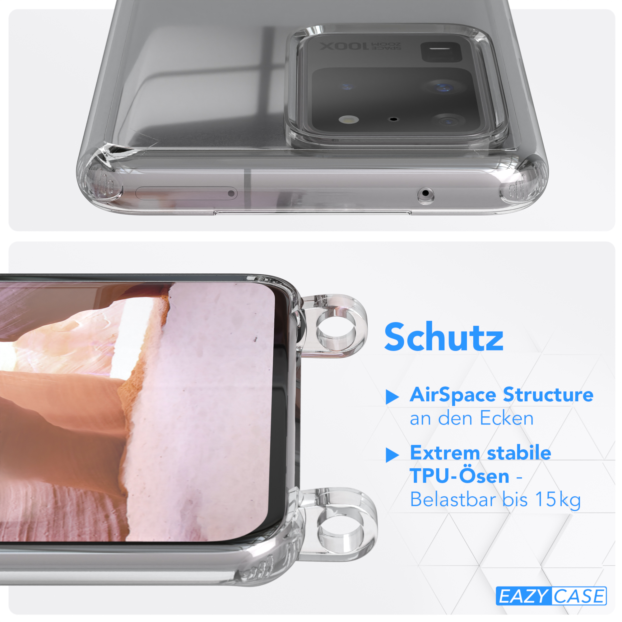 EAZY Samsung, Altrosa Kordel CASE breiter 5G, Handyhülle + S20 Coral / / S20 Transparente Ultra Umhängetasche, mit Karabiner, Ultra Galaxy