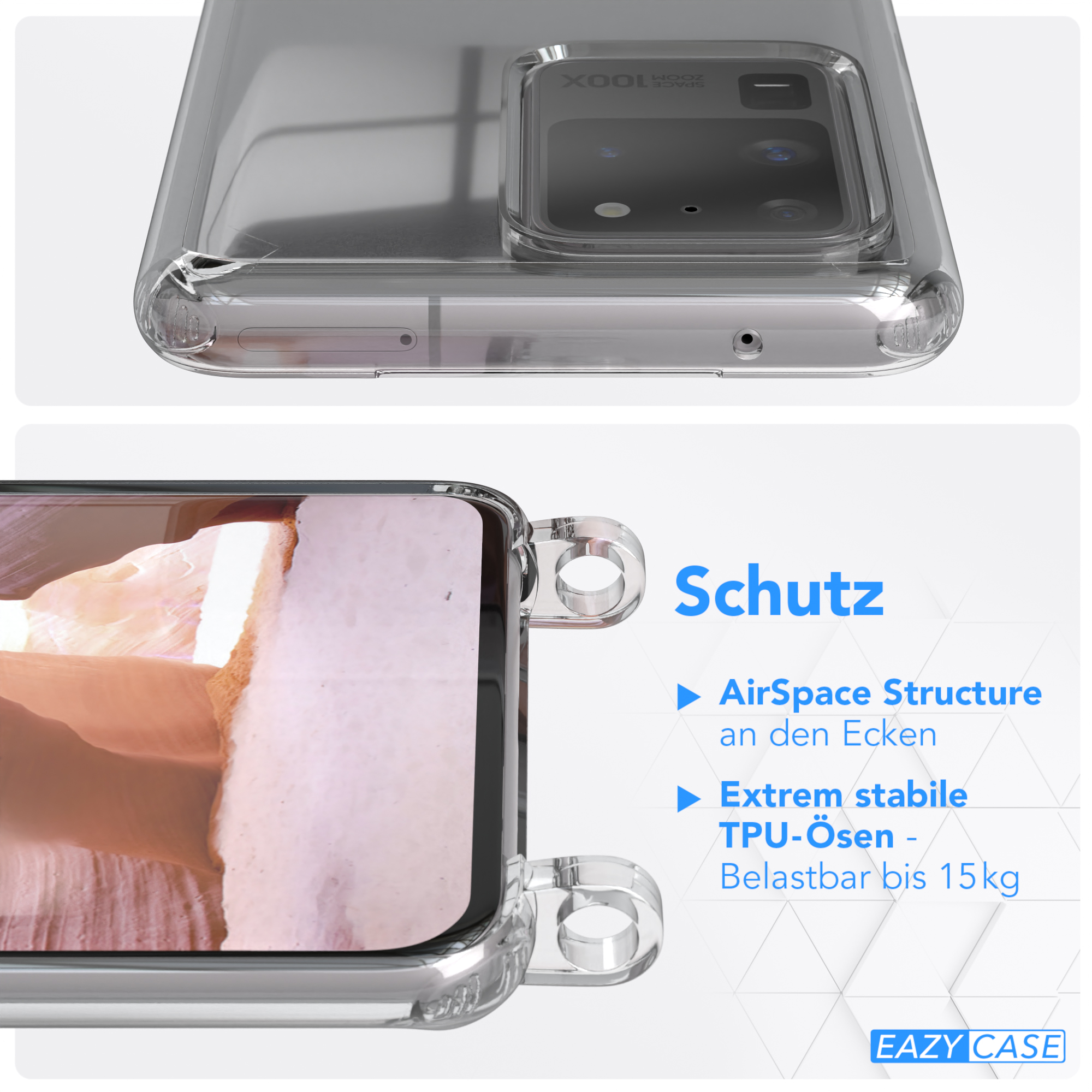 Klare Handyhülle, Nahaufnahme, mit transparentem Design. Die Kameralinsen sind sichtbar.