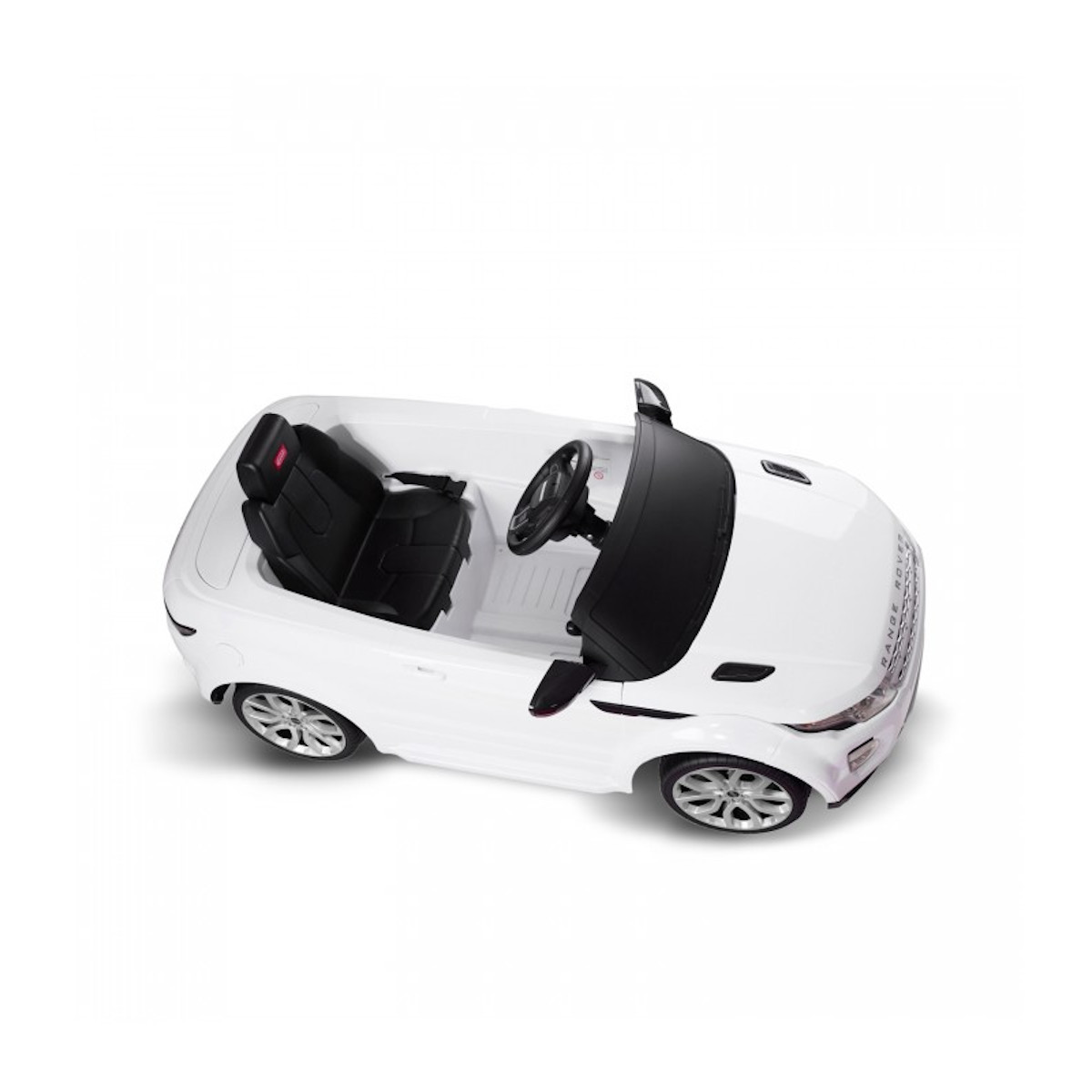 Weißes Spielzeugauto, Cabrio-Stil, auf weißem Hintergrund. Das Auto ist erhöht.