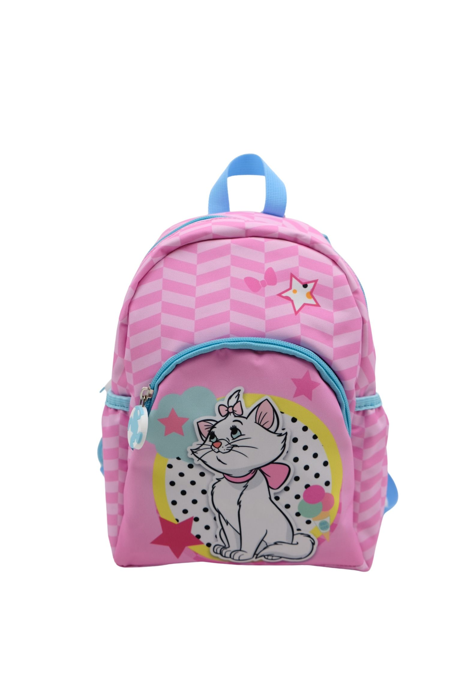 Rosa Rucksack mit Katzendesign, blaue Akzente. Weißer Hintergrund.