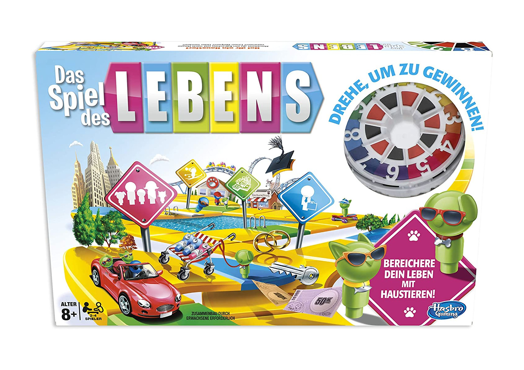 Eine Brettspielbox mit bunten Grafiken, darunter ein Spielrad und Figuren.