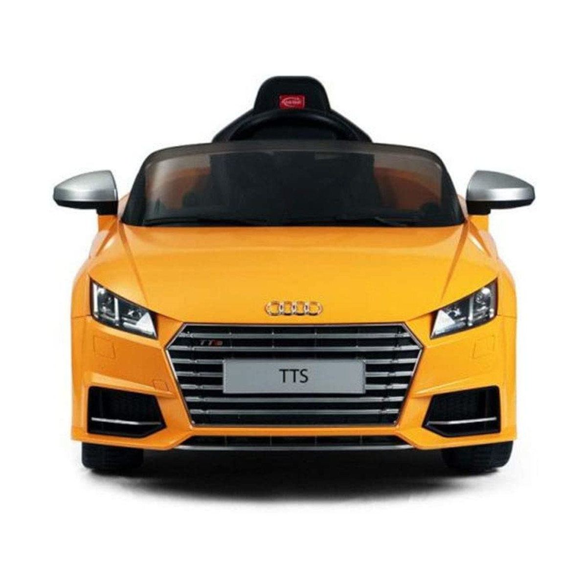 Gelbes Spielzeugauto auf weißem Hintergrund. Vorderansicht. Audi TTS Modell.
