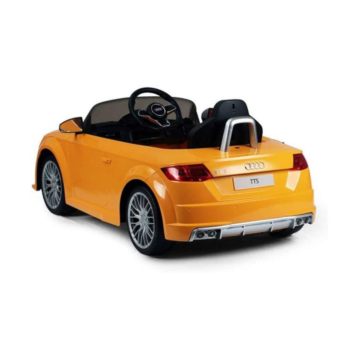 Ein orangefarbenes Spielzeugauto auf weißem Hintergrund mit dem Wort TTS auf der Rückseite.