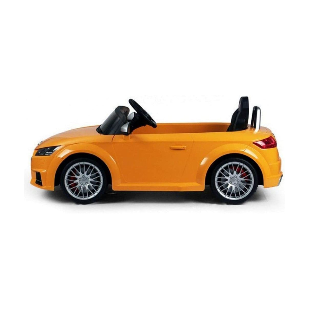 Gelbes Spielzeugauto. Es hat einen schwarzen Innenraum, silberne Räder und einen weißen Hintergrund.