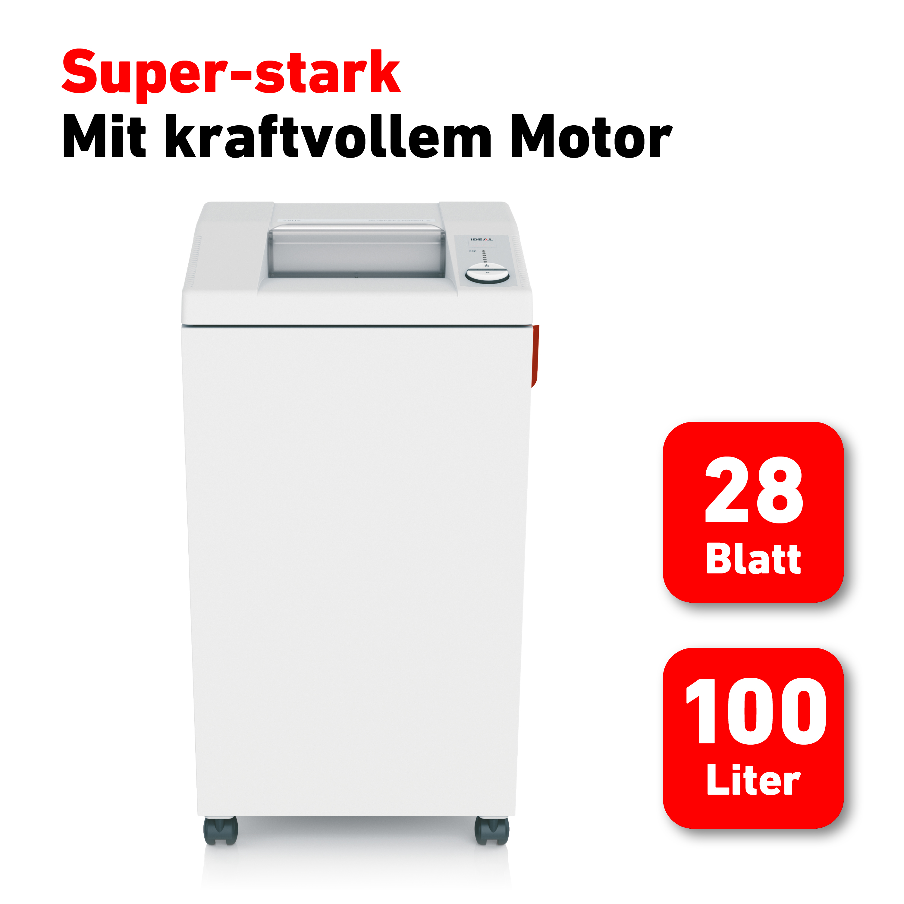 Ein weißer Aktenvernichter mit zwei roten Etiketten, die 28 Blatt und 100 Liter angeben.