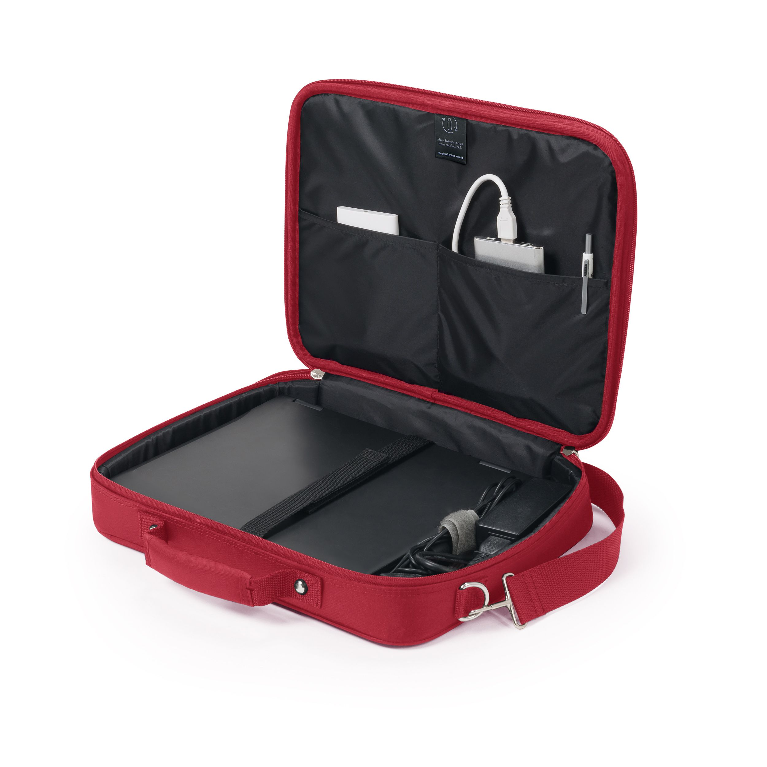 Una borsa rossa per laptop con manico, tracolla e aperta che mostra il contenuto.