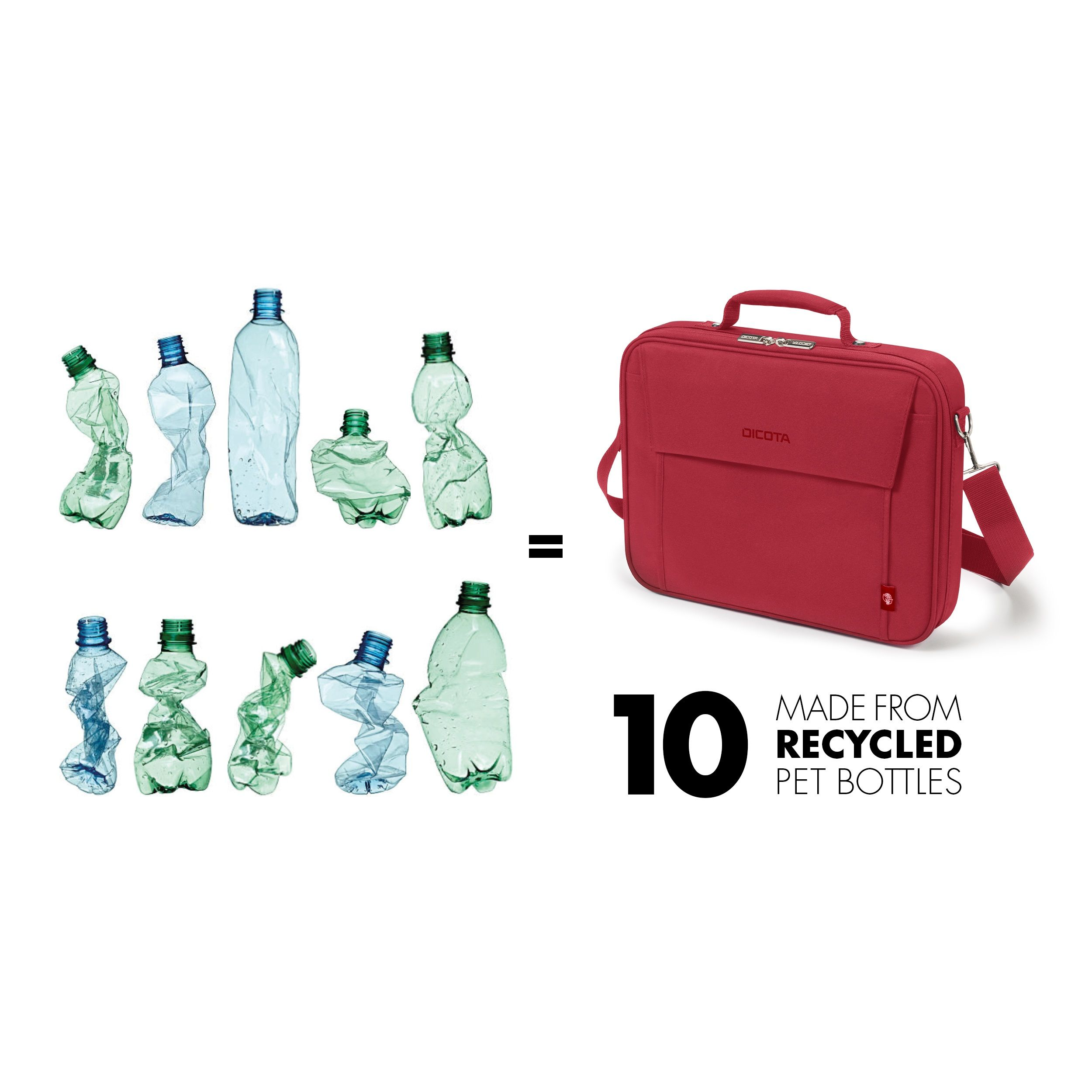 Bottiglie di plastica schiacciate equivalgono a una valigetta rossa. Testo: 10 bottiglie e 'Realizzato con bottiglie PET riciclate'.