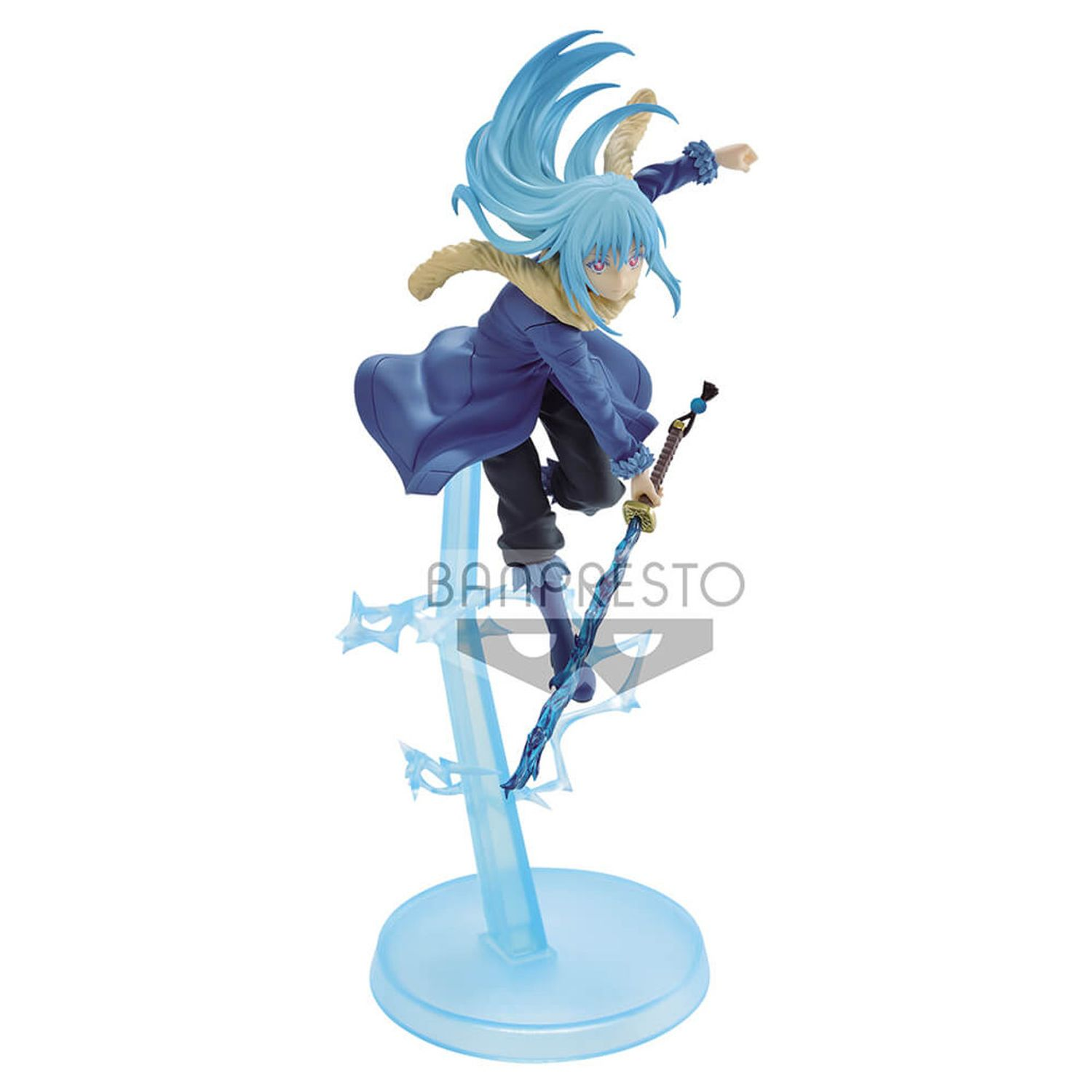 Anime-Figur einer Figur mit blauen Haaren, die ein Schwert hält, auf blauer Basis steht.