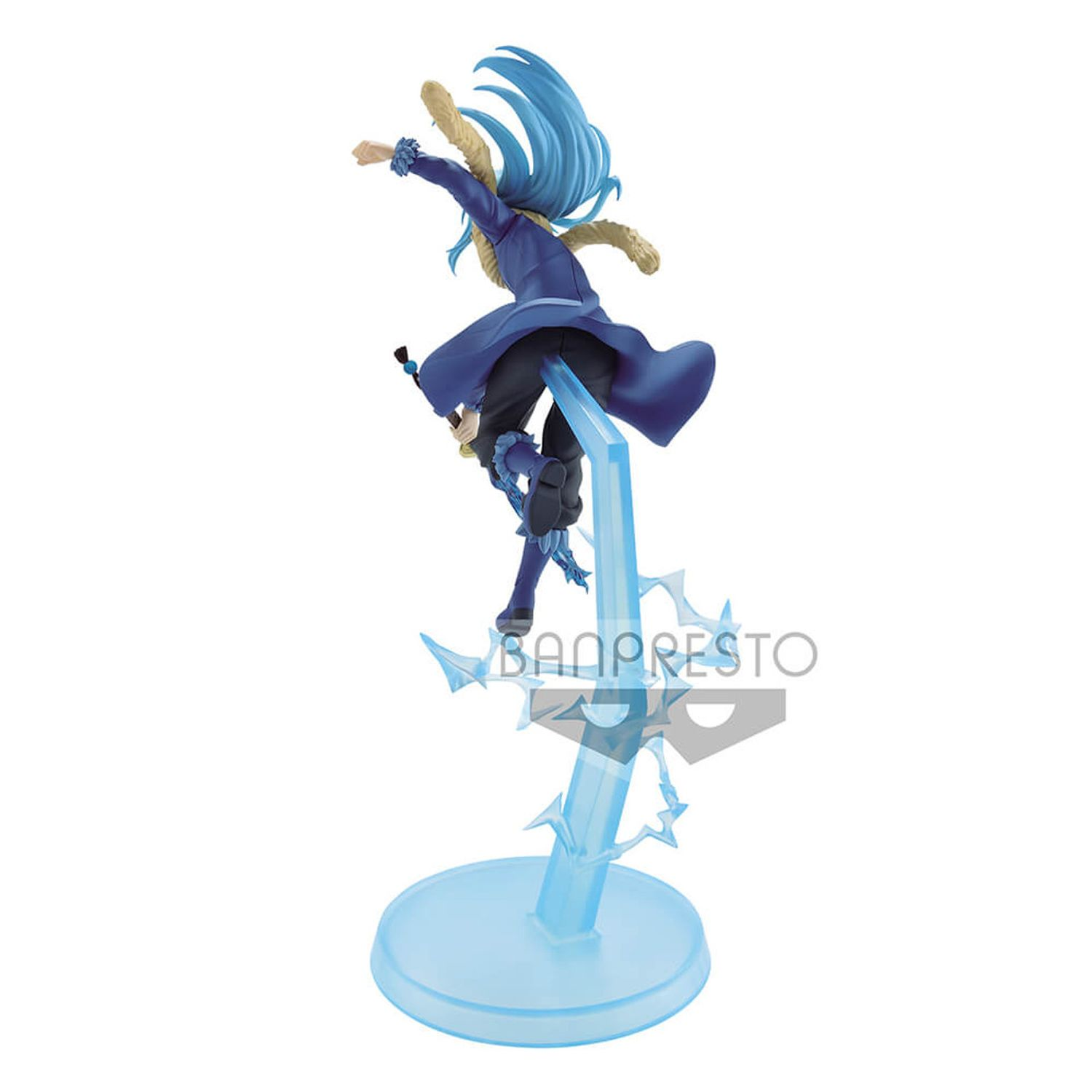 Anime-Figur. Blauhaariger Charakter in Actionpose, schwebend auf blauem Ständer.