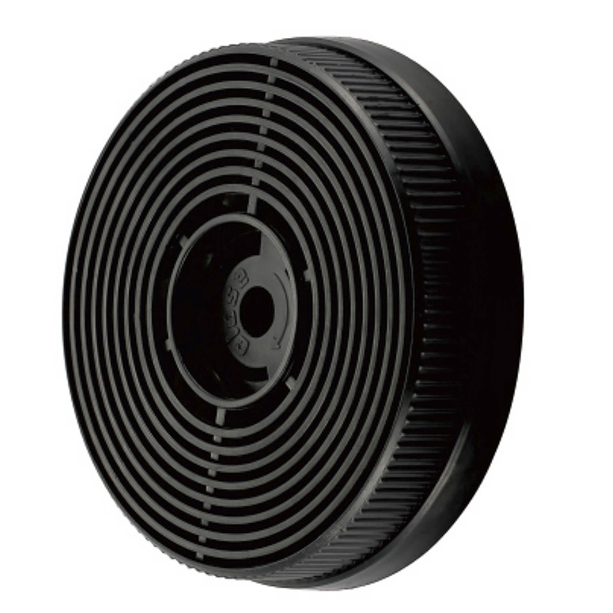 Filtro a carbone nero, circolare, con scanalature concentriche, per la purificazione dell'aria.