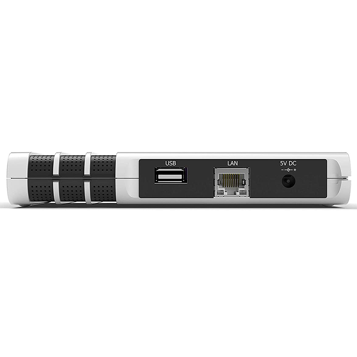 Ein weißes und graues Gerät mit USB-, LAN- und 5V-DC-Anschlüssen.
