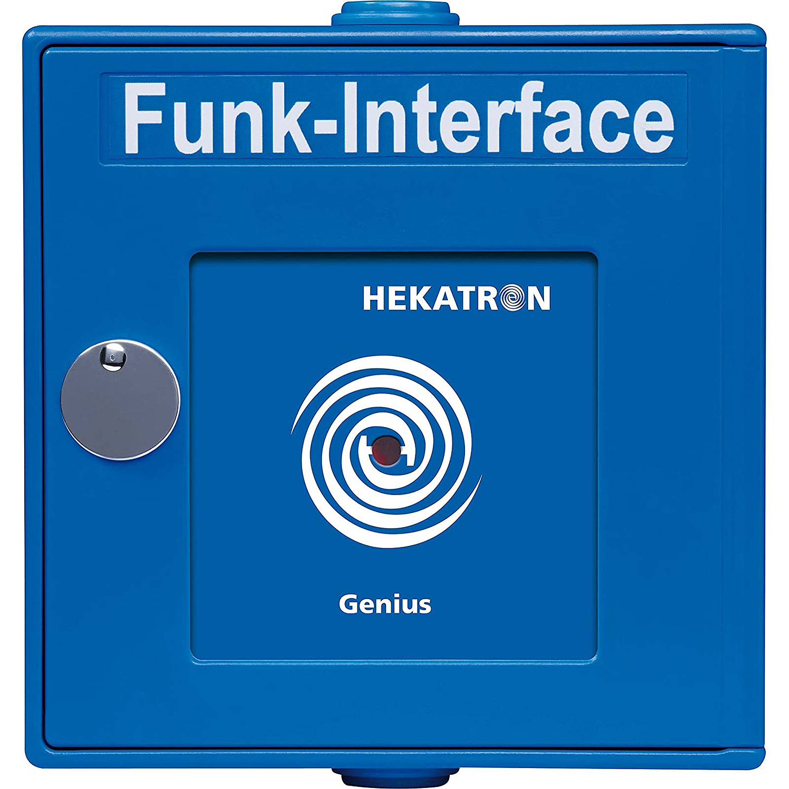 Blaue Metallbox mit Text 'Funk-Interface'. Ein weißes Kreissymbol und das Wort 'Genius' sind abgebildet.