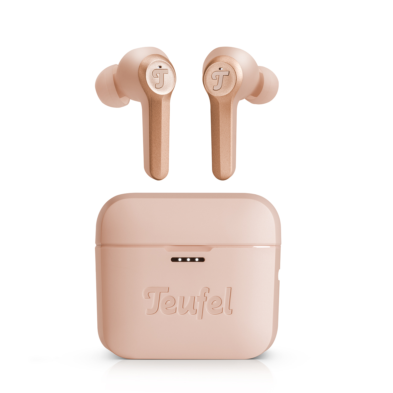 Paar roségoldfarbene Ohrhörer und ein passendes Ladecase mit „Teufel“-Logo.