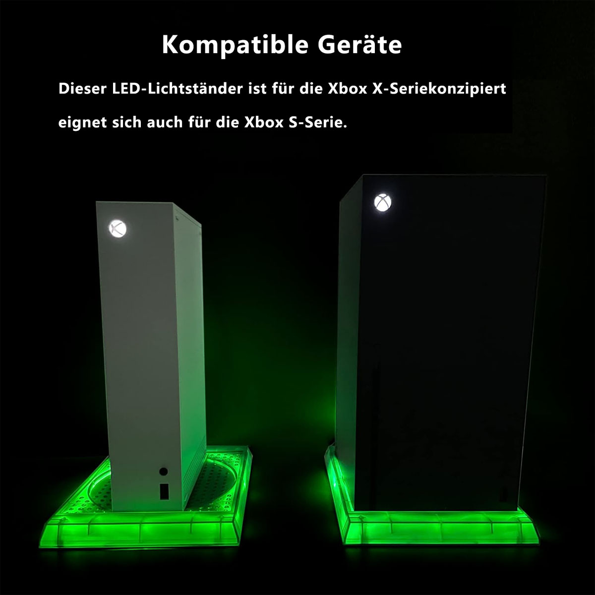 Zwei schwarze Xbox Series X Konsolen mit grüner LED-Beleuchtung. Text: Kompatible Geräte.