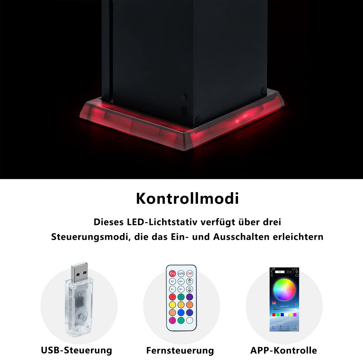 Ein schwarzes Gerät auf einer rot beleuchteten Basis, mit USB-, Fernbedienungs- und App-Steuerungsoptionen.