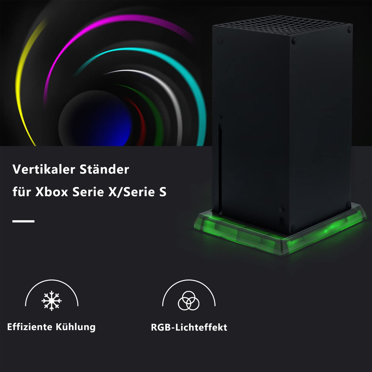 Schwarzer vertikaler Ständer für Xbox Series X/S mit grün leuchtender Basis und RGB-Effekt.