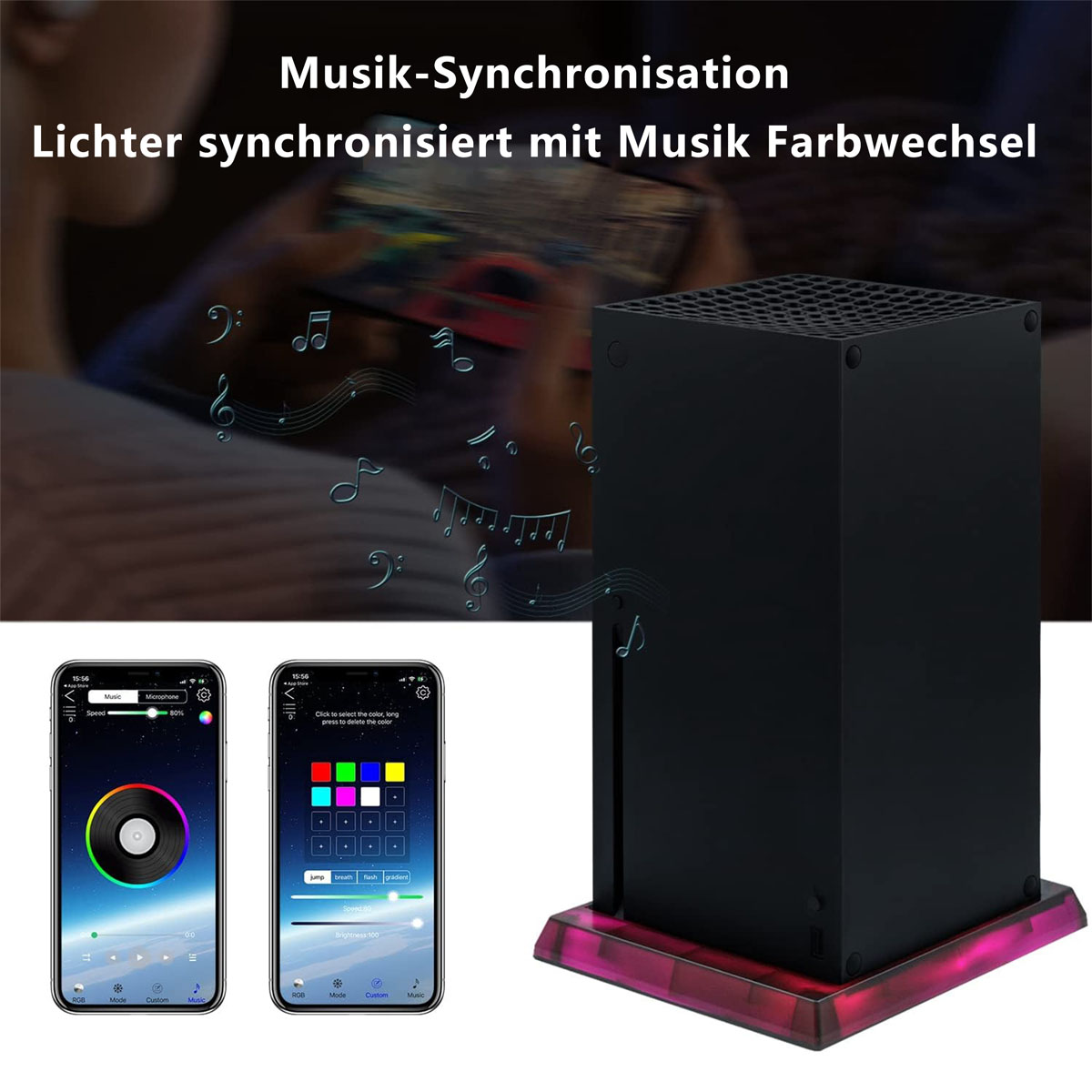 Ein schwarzer Lautsprecher mit Farbwechsel-Lichtsockel. Zwei Telefone zeigen Farboptionen.