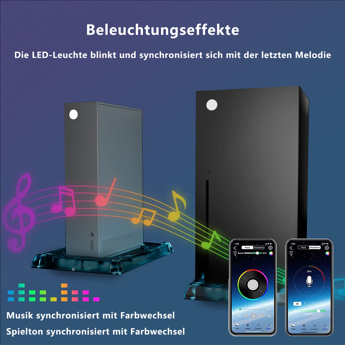 Zwei schwarze Geräte mit Lichteffekten und zwei Telefone mit App-Oberflächen zeigen bunte Noten.
