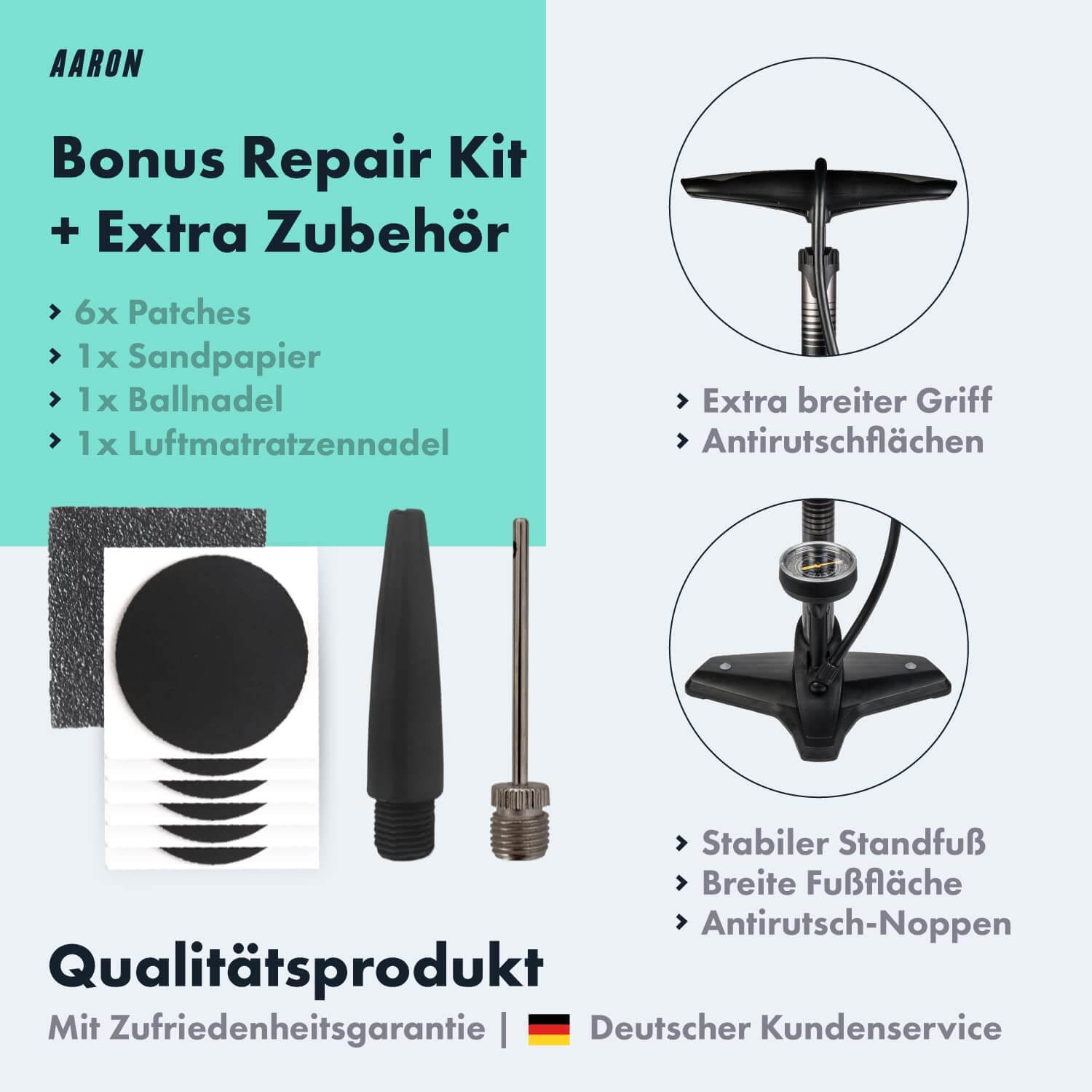 Werkzeuge und Zubehör zum Aufblasen von Gegenständen. Enthält Flicken, Schleifpapier und eine Pumpe. Textbeschreibung.