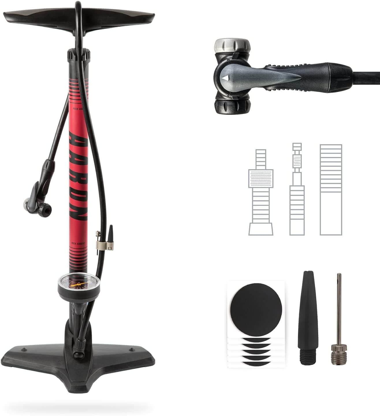 Rote und schwarze Fahrradpumpe mit Manometer und Zubehör. Weißer Hintergrund.