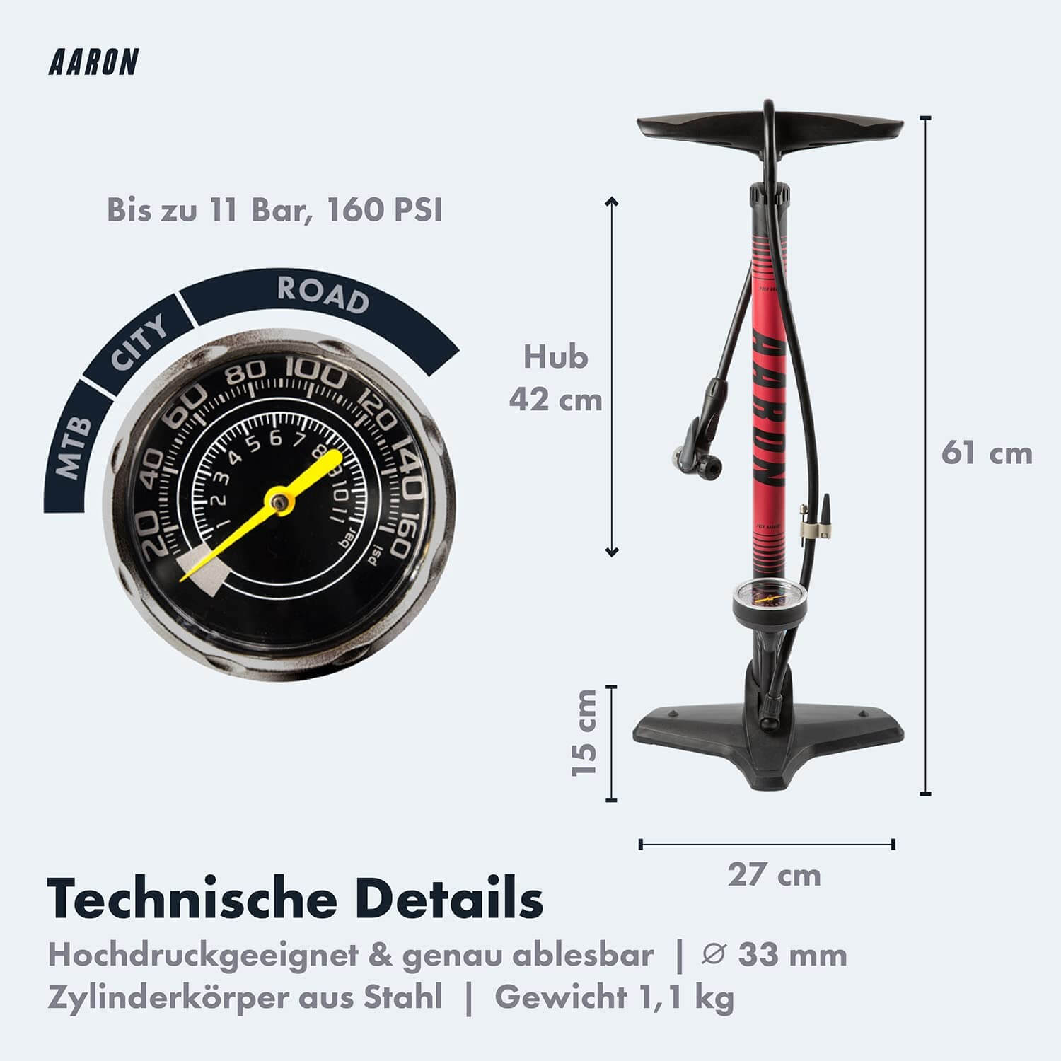 Schwarz-rote Fahrradpumpe mit Manometer und technischen Details.