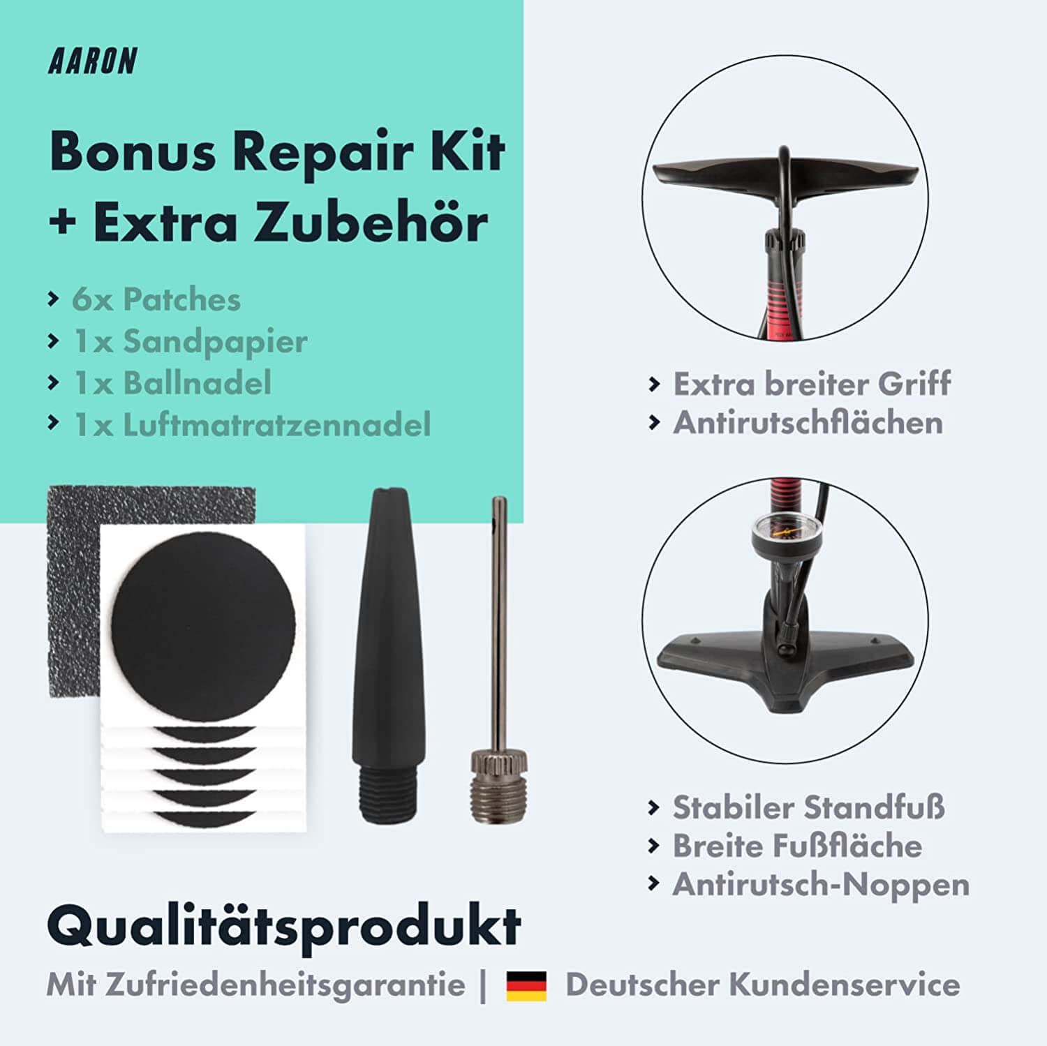 Eine Fahrradpumpe mit Bonus-Reparatur-Set, einschließlich Flicken und Nadel.