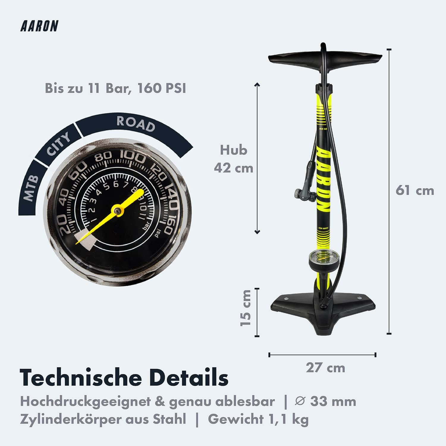 Schwarze Pumpe mit Manometer, gelbe Akzente. Text: bis zu 11 bar, 160 PSI. Technische Details. Hintergrund: weiß.