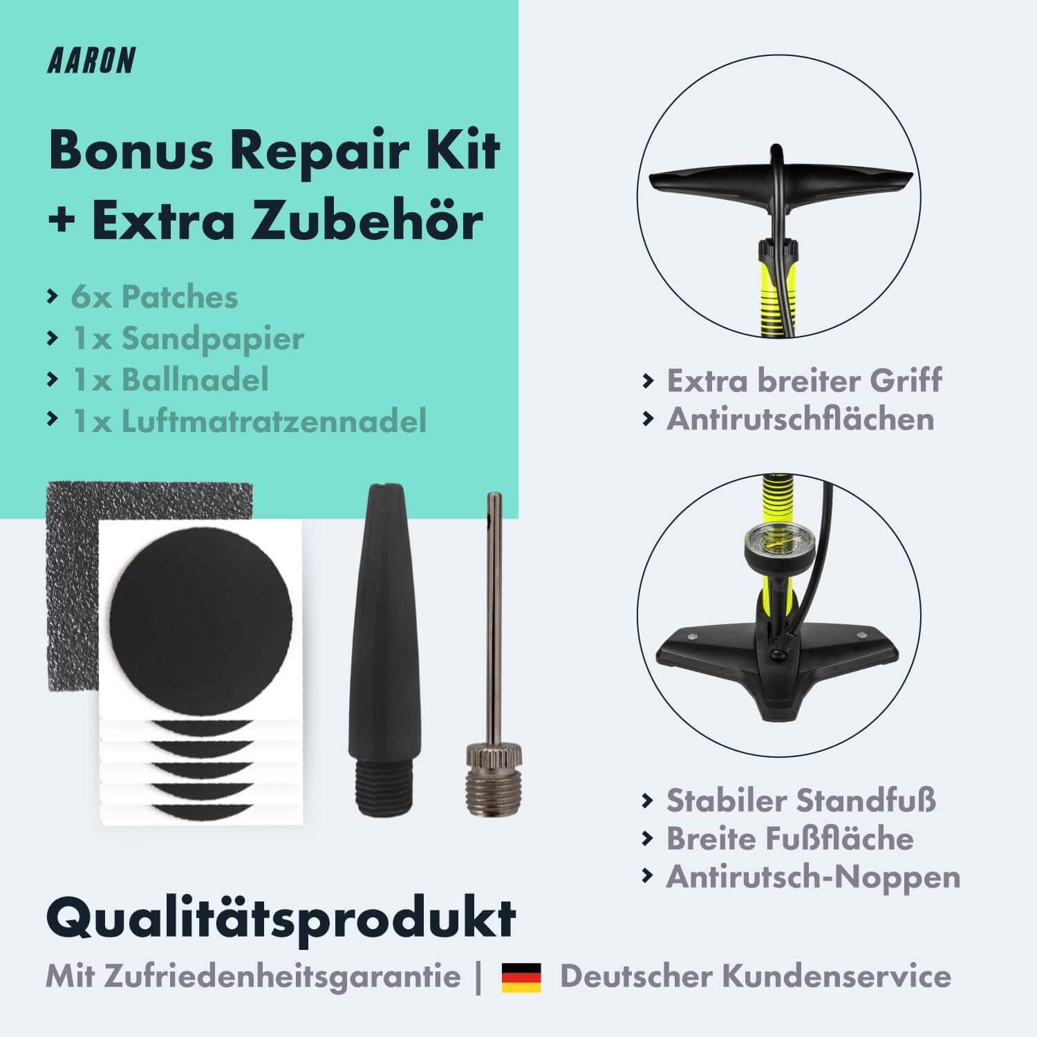 Bild eines Reparatur-Kits mit Flicken, Schleifpapier, einer Ballnadel und einer Pumpe.