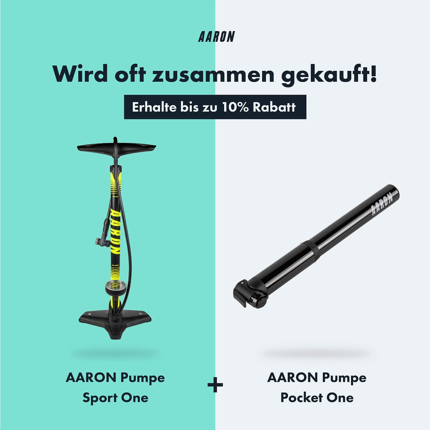 Zwei Fahrradpumpen, eine groß, eine klein. Text besagt, dass sie oft zusammen gekauft werden.